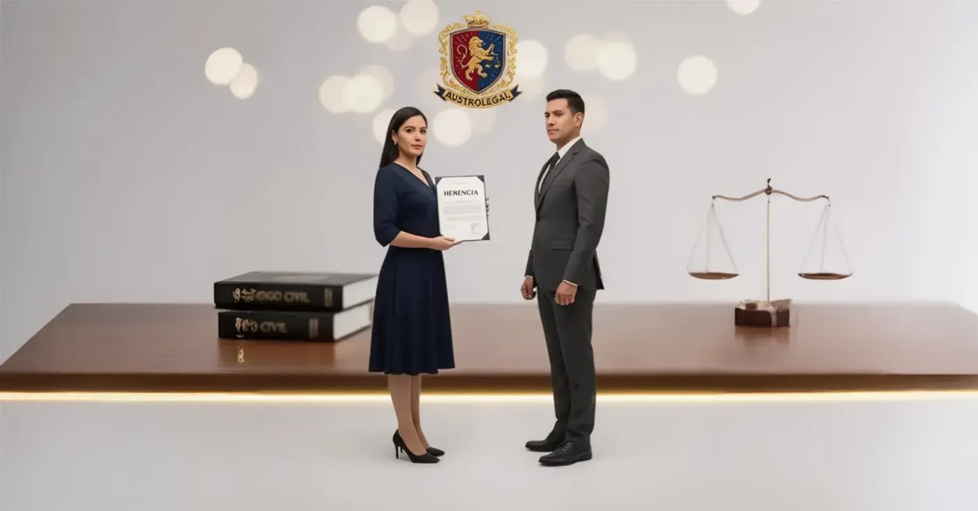 Abogada entrega documento de herencia a un hombre, con símbolos de justicia y derecho civil, representando la herencia entre parejas en Ecuador.