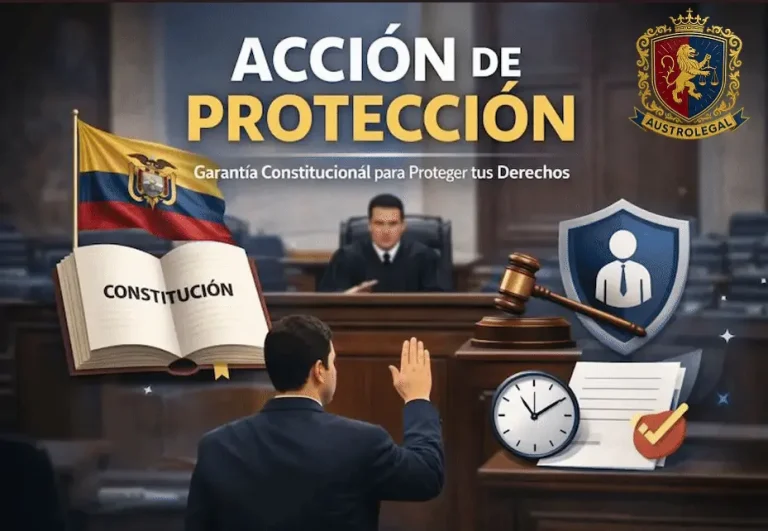 Acción de Protección en Ecuador como garantía constitucional para defender derechos fundamentales, representada en audiencia judicial con símbolos de la Constitución ecuatoriana – AustroLegal.